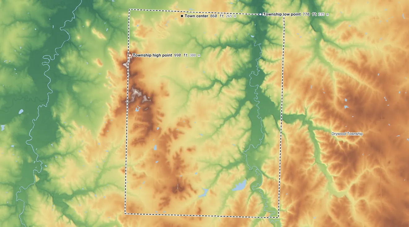 Topographic elevation map of Moundville Township, Missouri, shaded from 770 ft on the east side to 990 ft on the southwest side