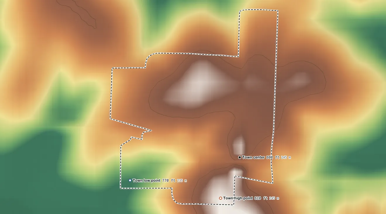 Topographic elevation map of Mount Leonard, Missouri, shaded from 770 ft on the west side to 810 ft on the southwest side