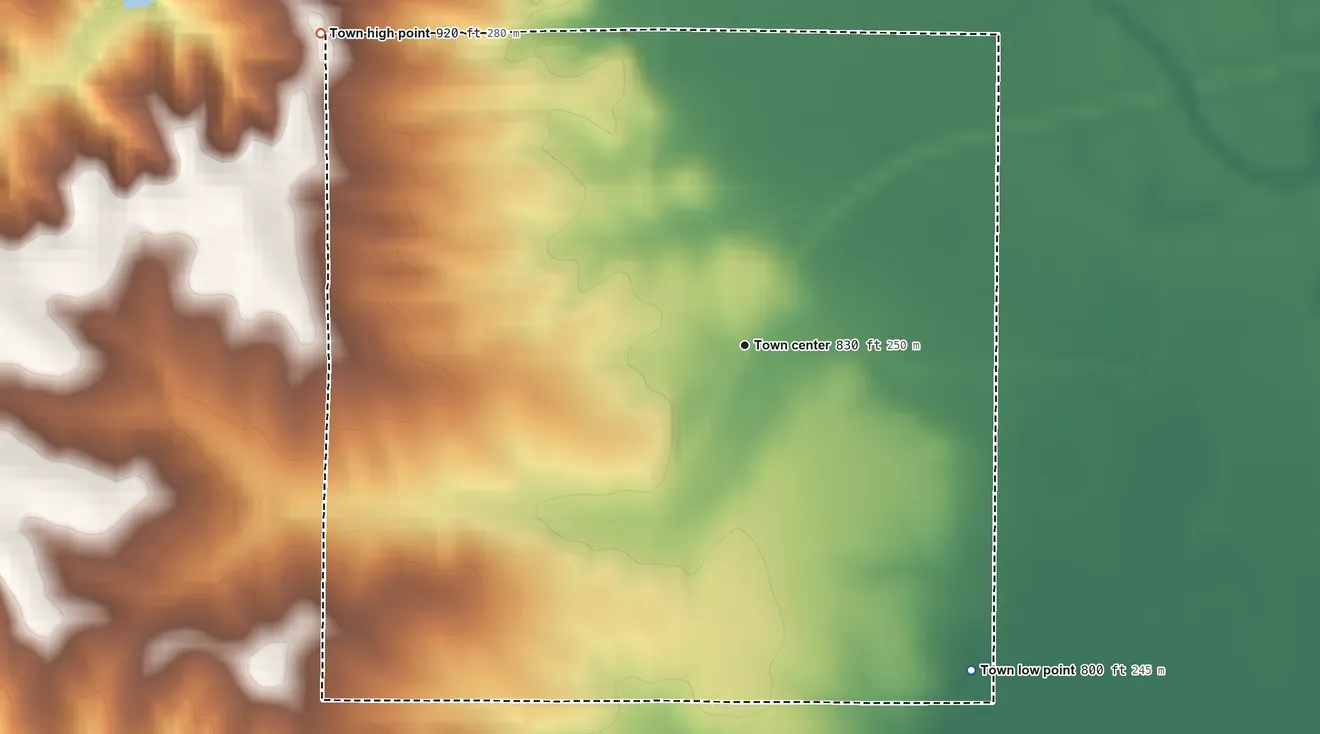 Topographic elevation map of Mount Moriah, Missouri, shaded from 800 ft on the southeast side to 920 ft on the northwest side