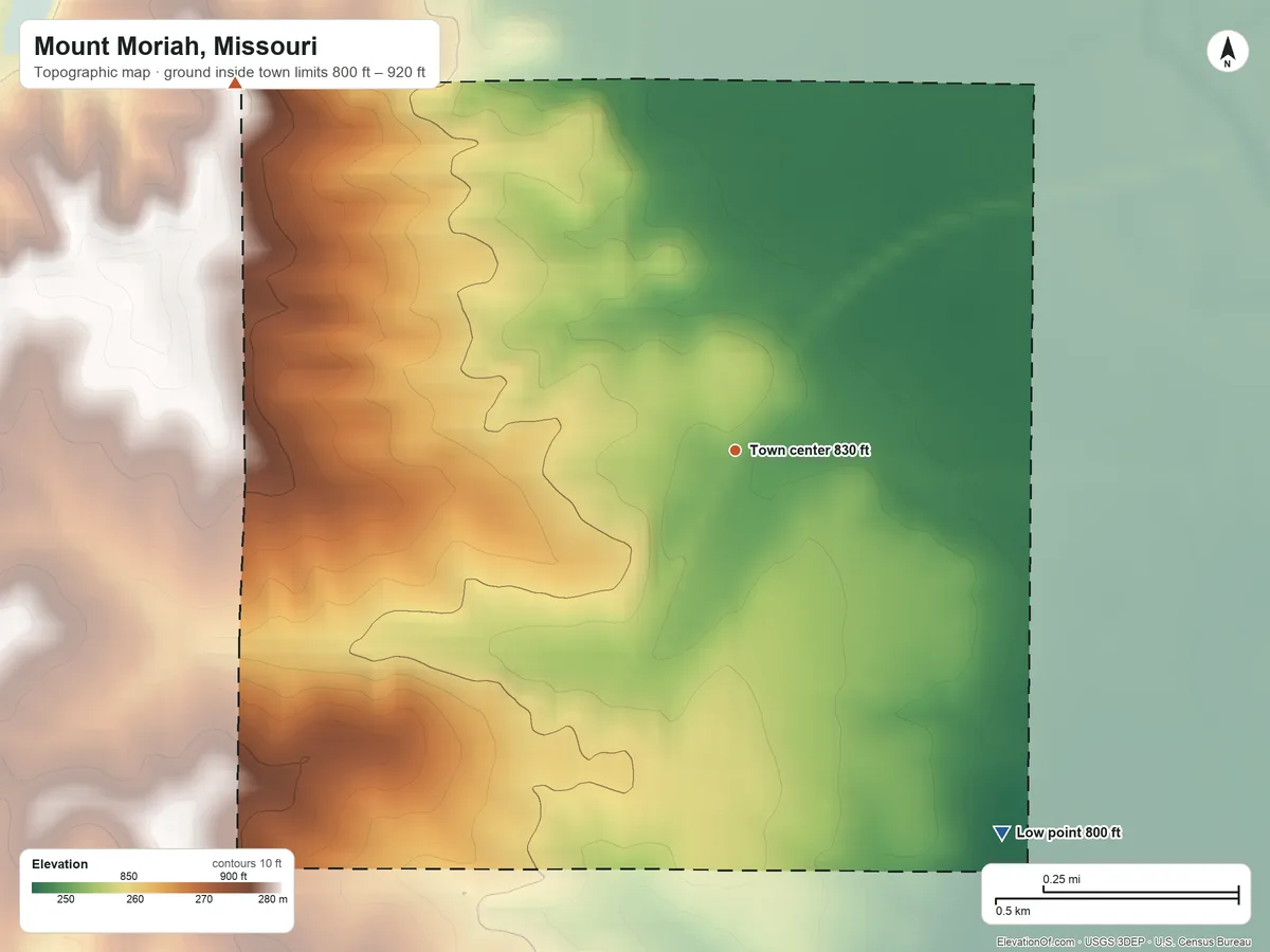 Topographic elevation map of Mount Moriah, Missouri, shaded from 800 ft on the southeast side to 920 ft on the northwest side