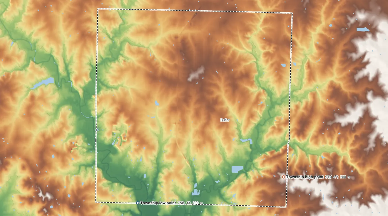 Topographic elevation map of Mount Pleasant Township, Missouri, shaded from 750 ft on the southwest side to 910 ft on the southeast side