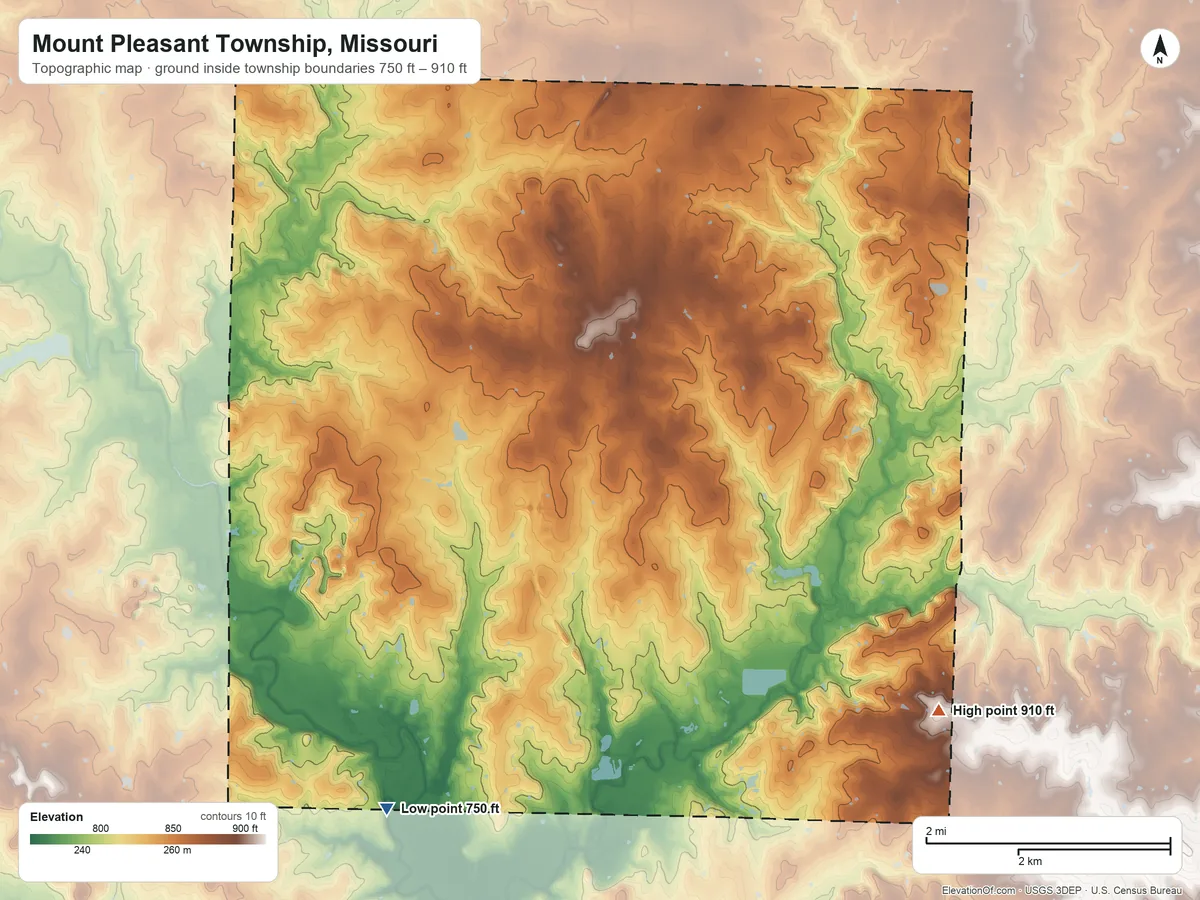 Topographic elevation map of Mount Pleasant Township, Missouri, shaded from 750 ft on the southwest side to 910 ft on the southeast side