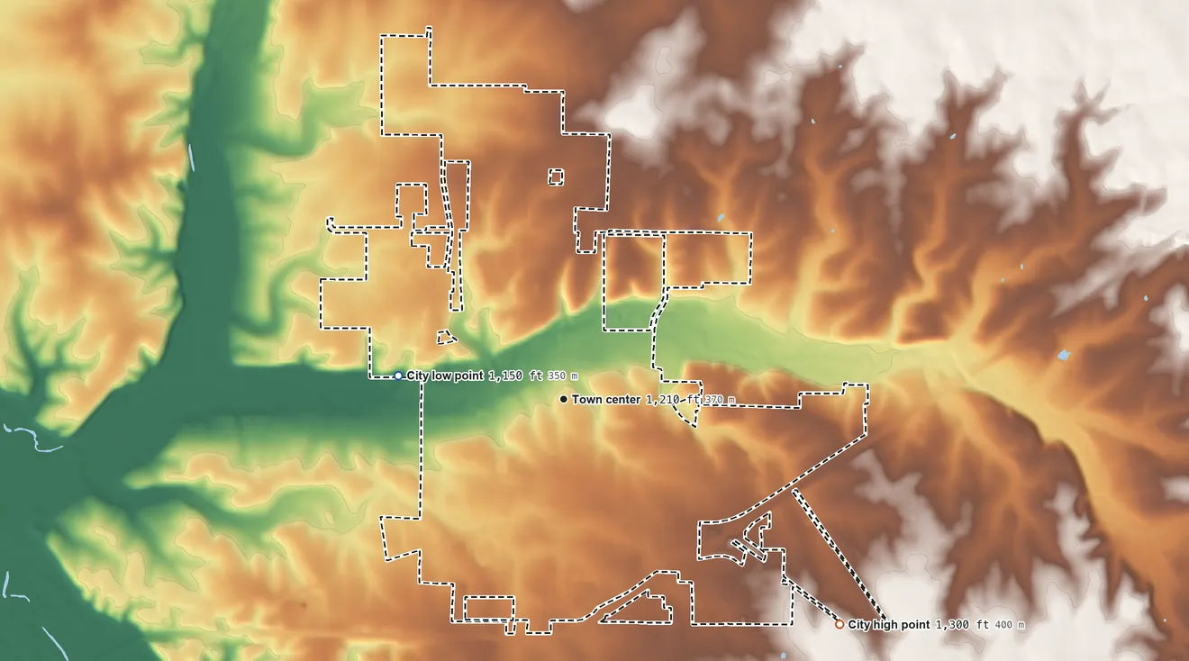Topographic elevation map of Mount Vernon, Missouri, shaded from 1,150 ft on the west side to 1,300 ft on the southeast side