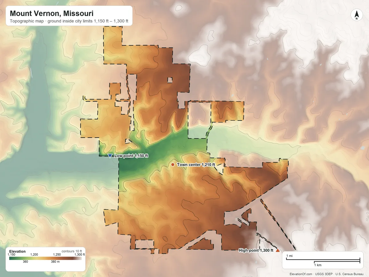 Topographic elevation map of Mount Vernon, Missouri, shaded from 1,150 ft on the west side to 1,300 ft on the southeast side