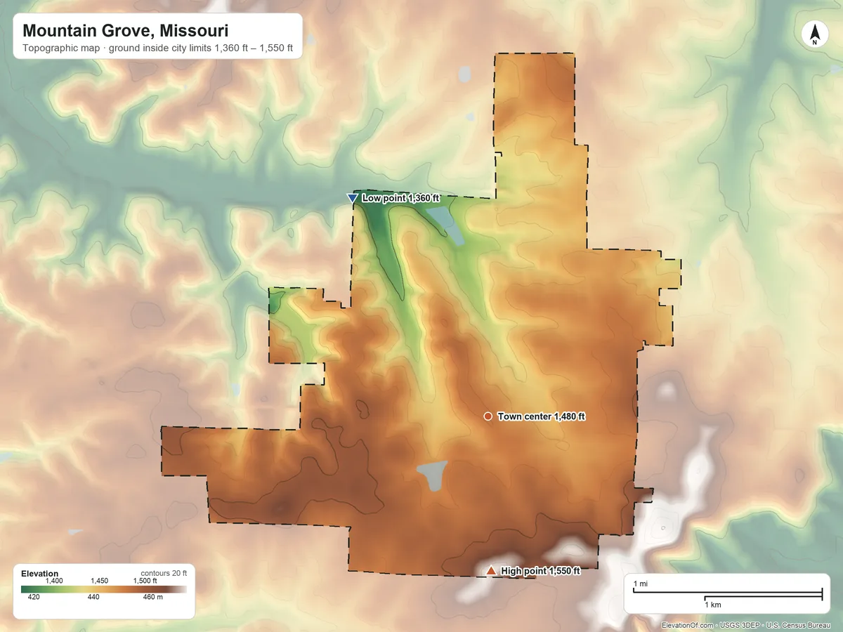 Topographic elevation map of Mountain Grove, Missouri, shaded from 1,360 ft on the northwest side to 1,550 ft on the south side