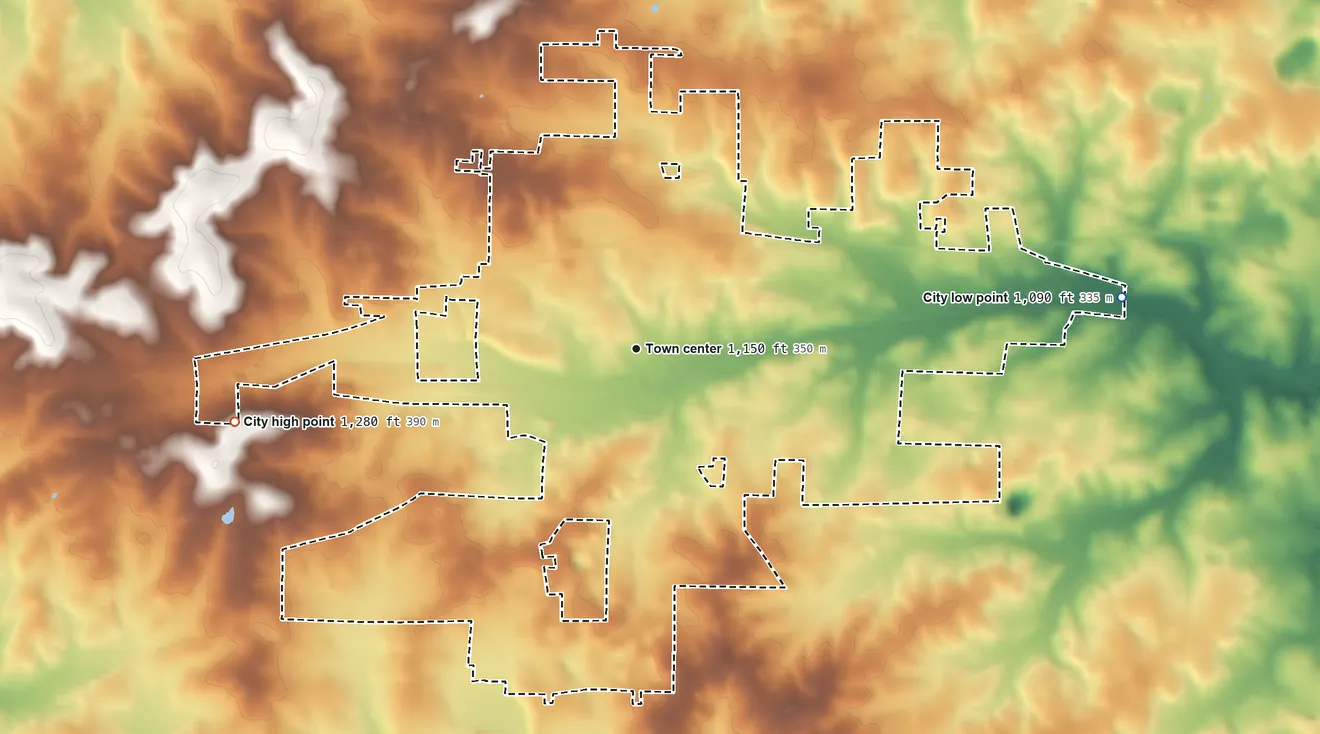 Topographic elevation map of Mountain View, Missouri, shaded from 1,090 ft on the east side to 1,280 ft on the west side