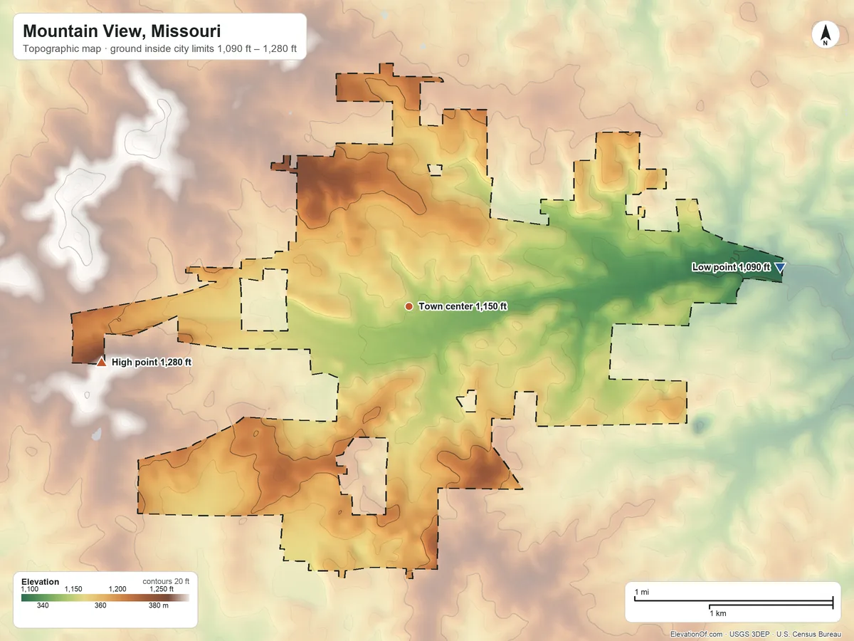 Topographic elevation map of Mountain View, Missouri, shaded from 1,090 ft on the east side to 1,280 ft on the west side