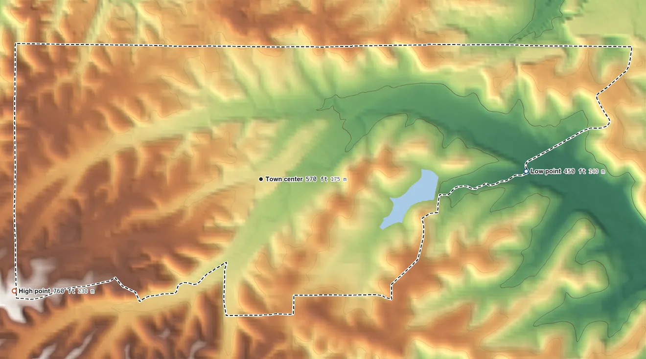 Topographic elevation map of Murphy, Missouri, shaded from 450 ft on the east side to 760 ft on the southwest side