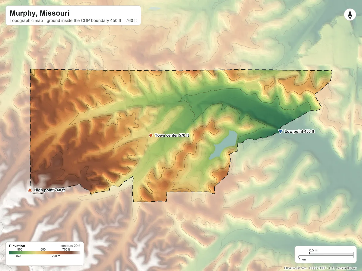 Topographic elevation map of Murphy, Missouri, shaded from 450 ft on the east side to 760 ft on the southwest side