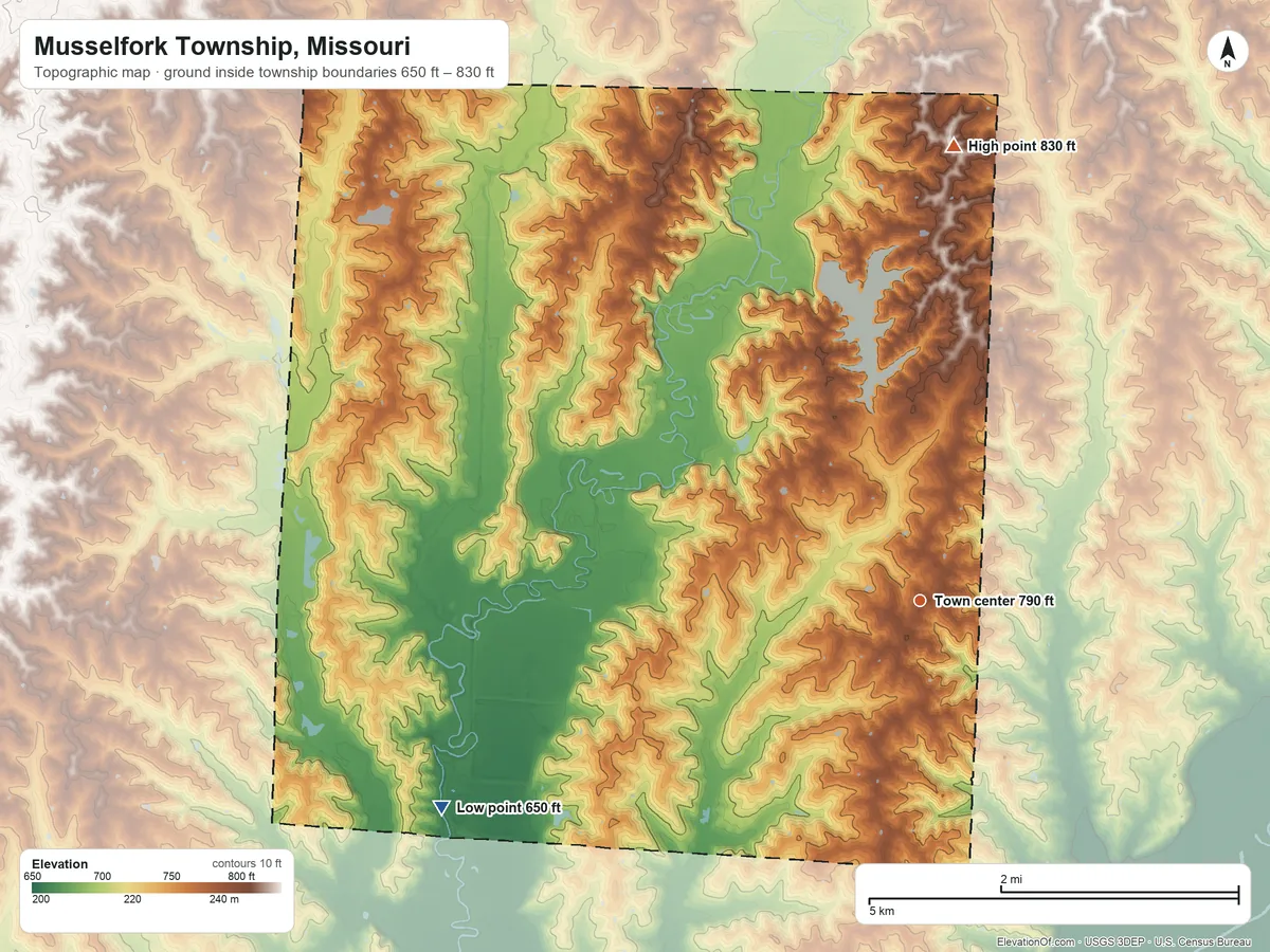 Topographic elevation map of Musselfork Township, Missouri, shaded from 650 ft on the southwest side to 830 ft on the north side