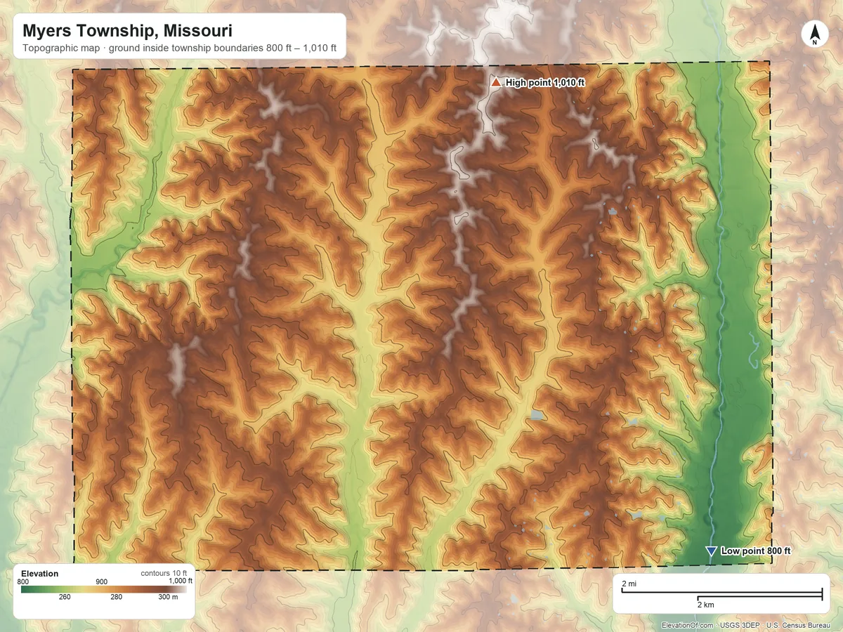 Topographic elevation map of Myers Township, Missouri, shaded from 800 ft on the east side to 1,010 ft on the northeast side
