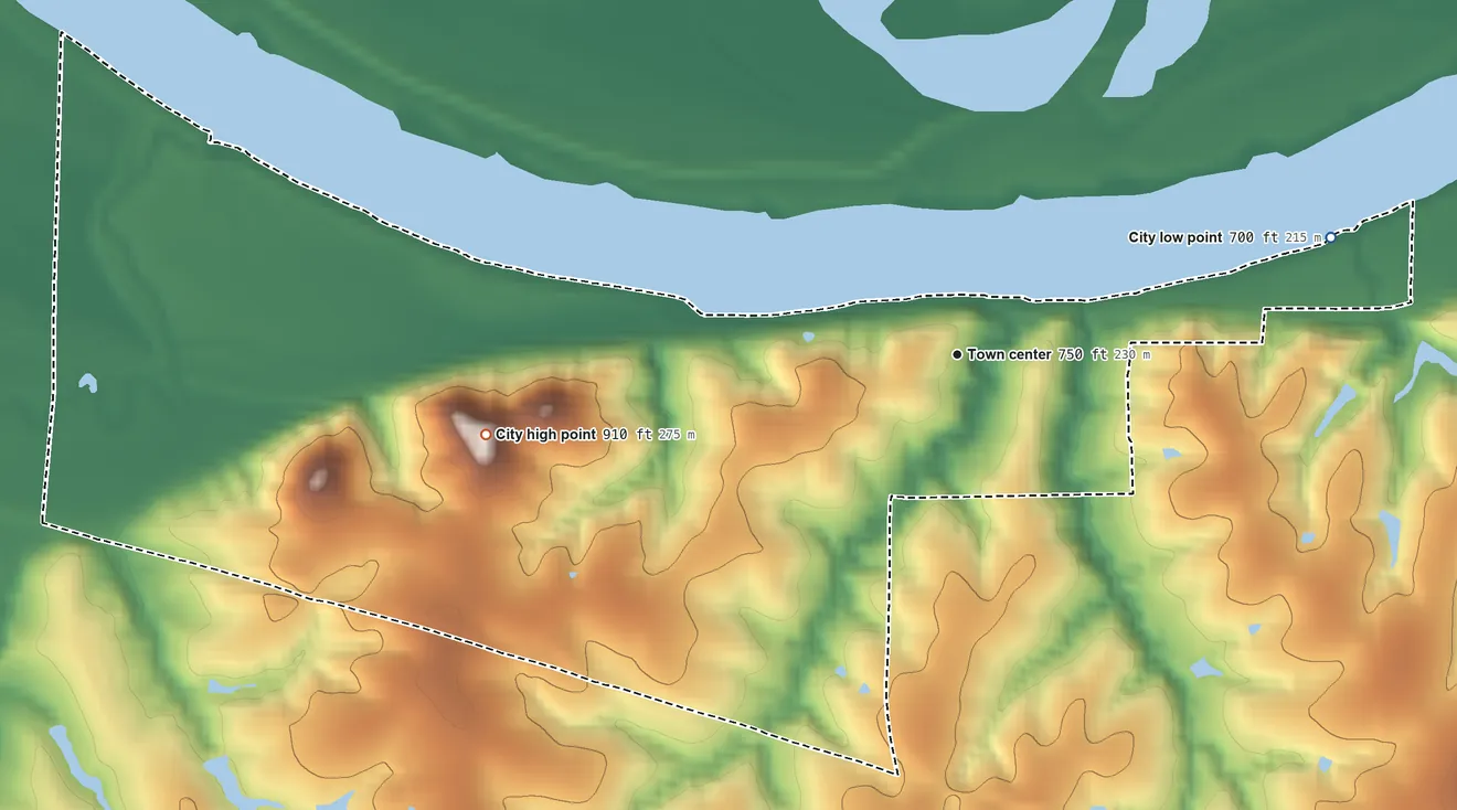 Topographic elevation map of Napoleon, Missouri, shaded from 700 ft on the east side to 910 ft on the west side