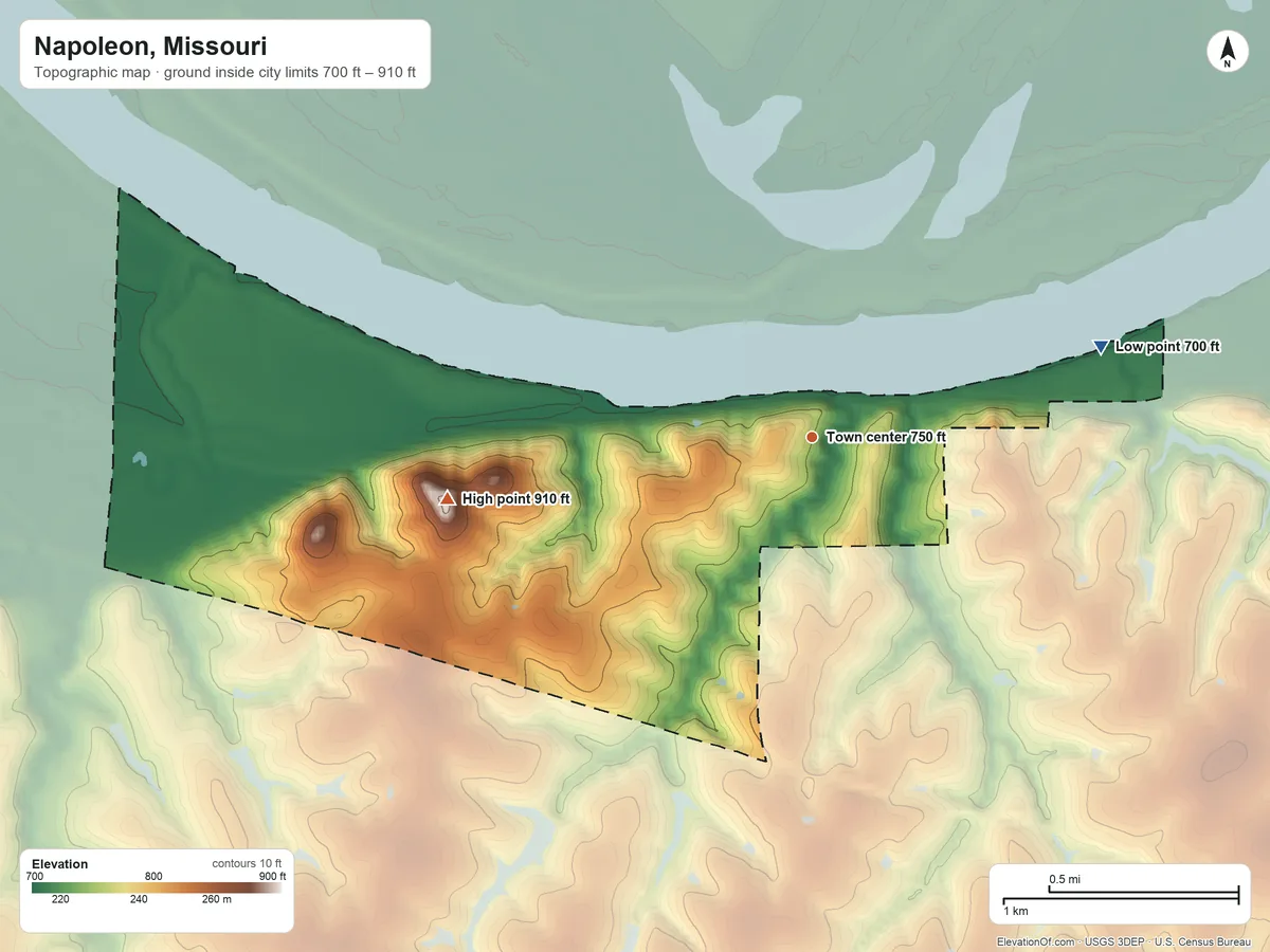 Topographic elevation map of Napoleon, Missouri, shaded from 700 ft on the east side to 910 ft on the west side