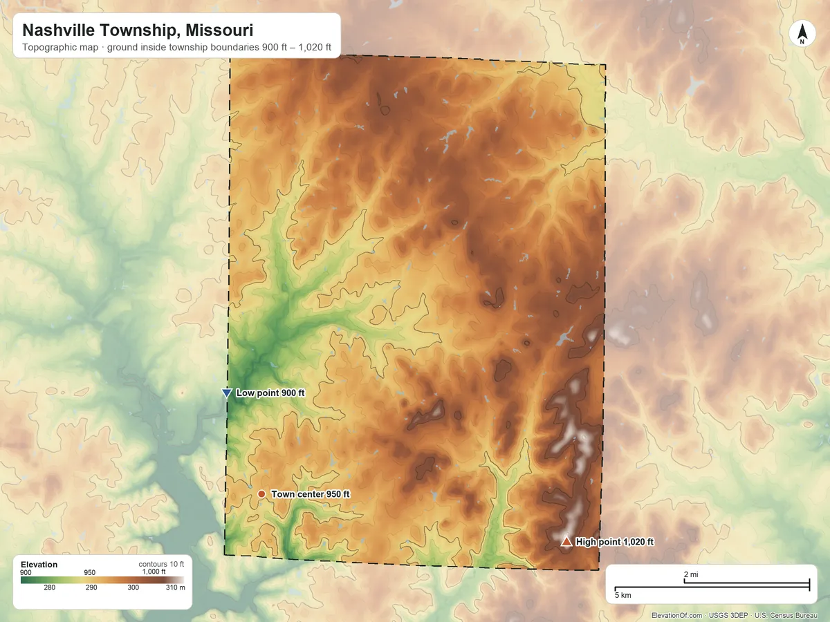 Topographic elevation map of Nashville Township, Missouri, shaded from 900 ft on the north side to 1,020 ft on the east side