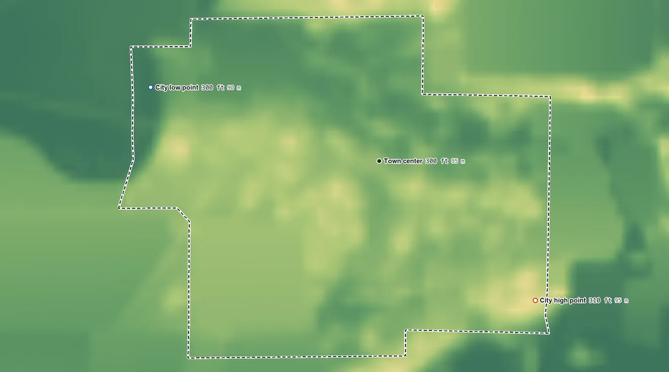 Topographic elevation map of Naylor, Missouri, shaded from 300 ft on the west side to 310 ft on the southeast side