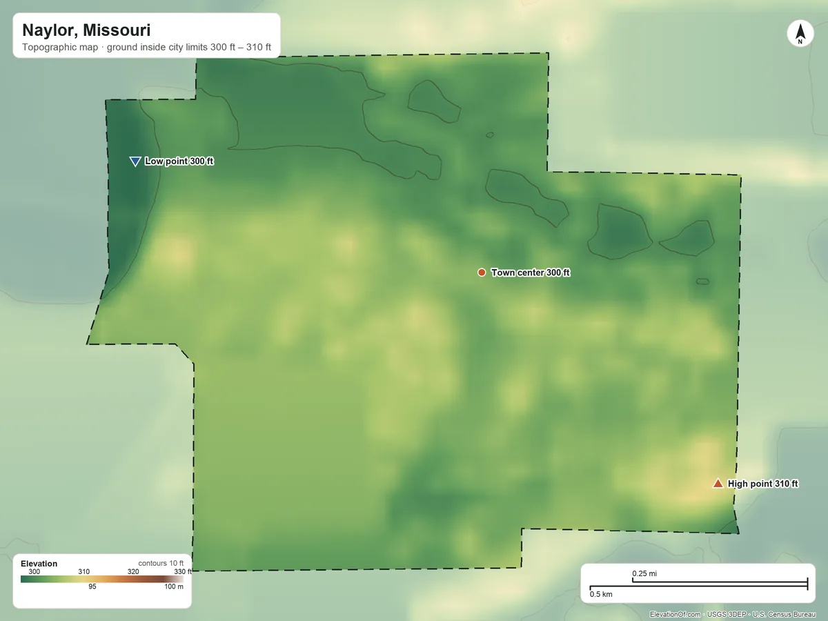 Topographic elevation map of Naylor, Missouri, shaded from 300 ft on the west side to 310 ft on the southeast side