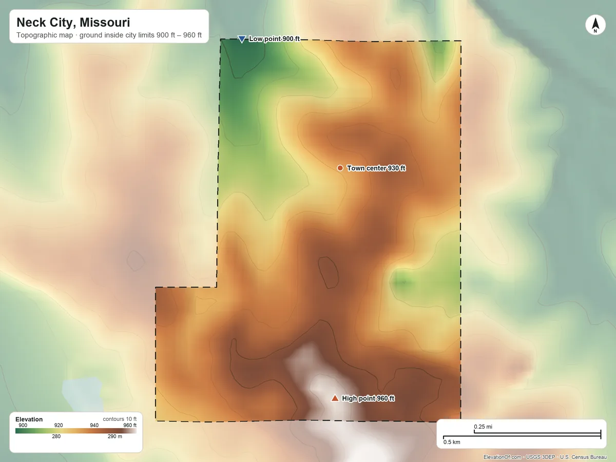 Topographic elevation map of Neck City, Missouri, shaded from 900 ft on the northwest side to 960 ft on the south side