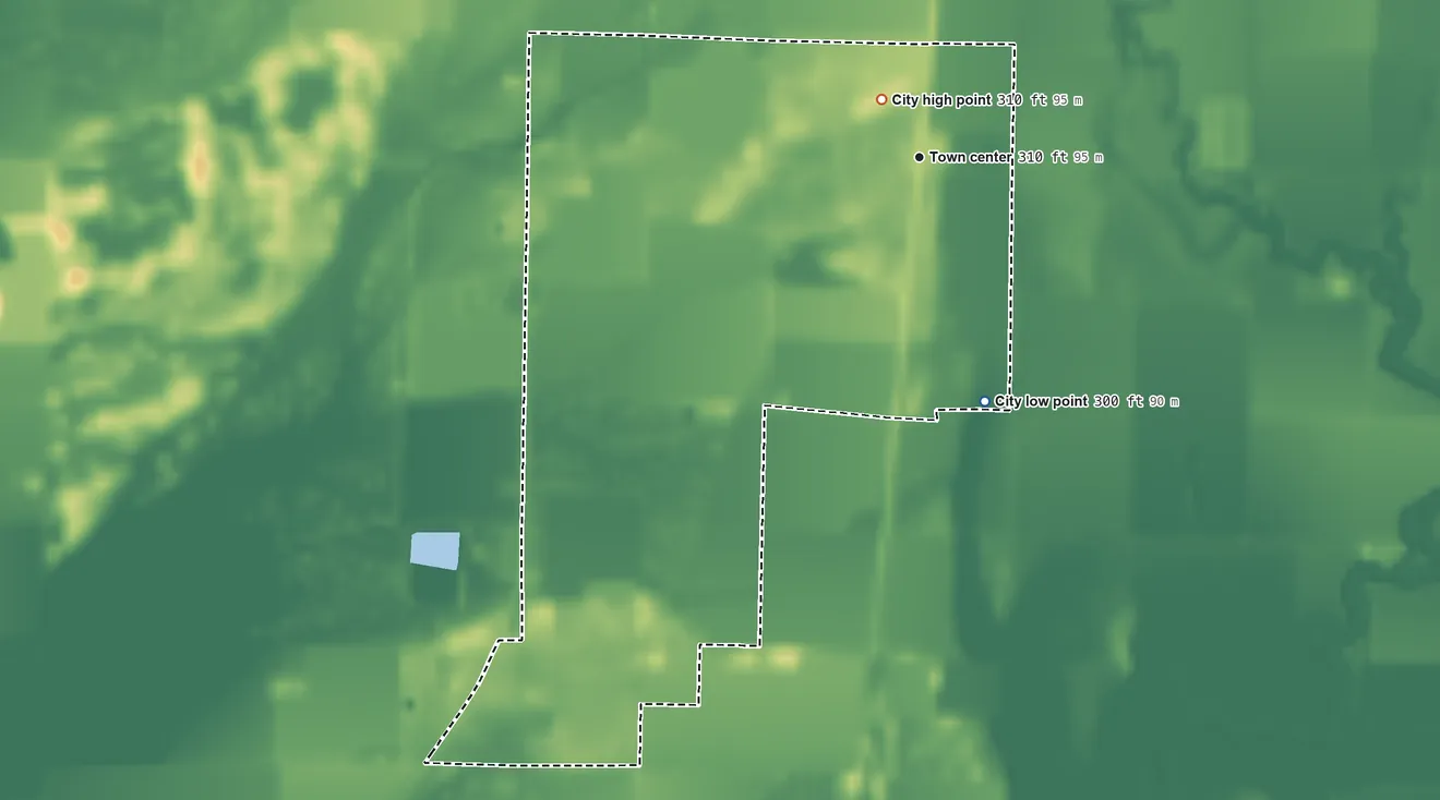 Topographic elevation map of Neelyville, Missouri, shaded from 300 ft on the south side to 310 ft near the middle