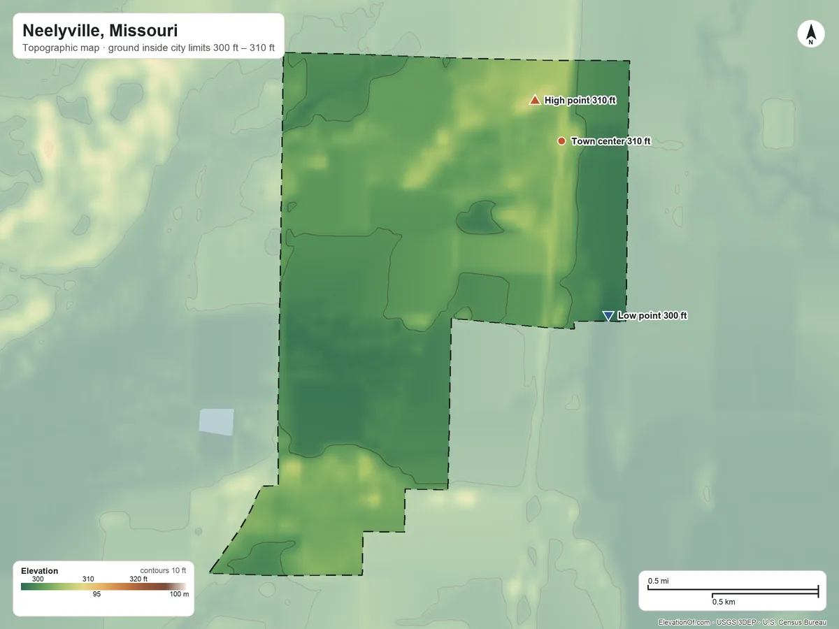 Topographic elevation map of Neelyville, Missouri, shaded from 300 ft on the south side to 310 ft near the middle