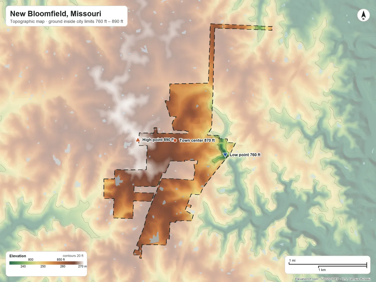 Topographic elevation map of New Bloomfield, Missouri, shaded from 760 ft on the east side to 890 ft on the west side