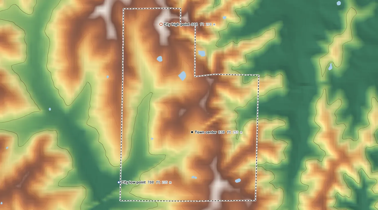 Topographic elevation map of New Cambria, Missouri, shaded from 780 ft on the southwest side to 880 ft on the north side