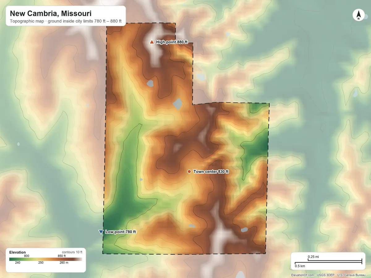 Topographic elevation map of New Cambria, Missouri, shaded from 780 ft on the southwest side to 880 ft on the north side