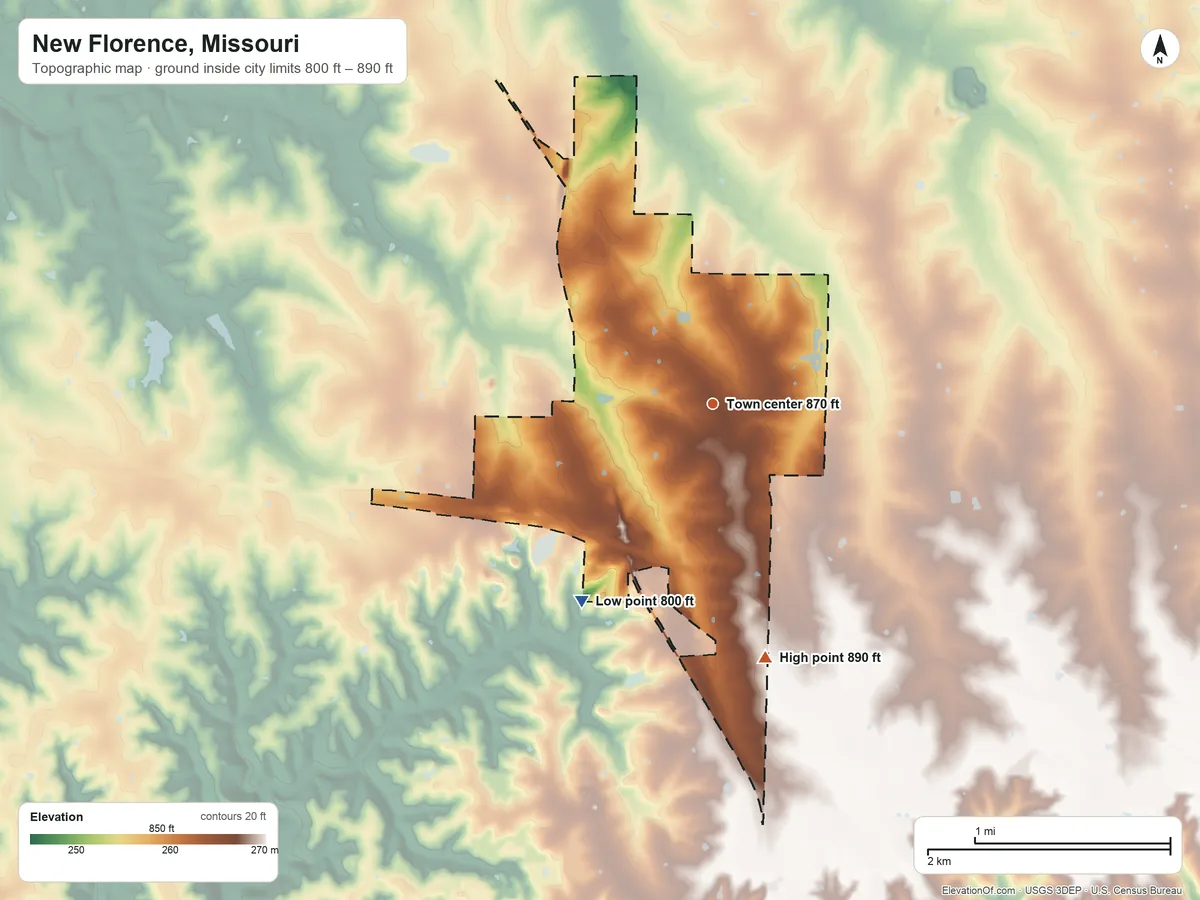 Topographic elevation map of New Florence, Missouri, shaded from 800 ft on the southwest side to 890 ft on the south side