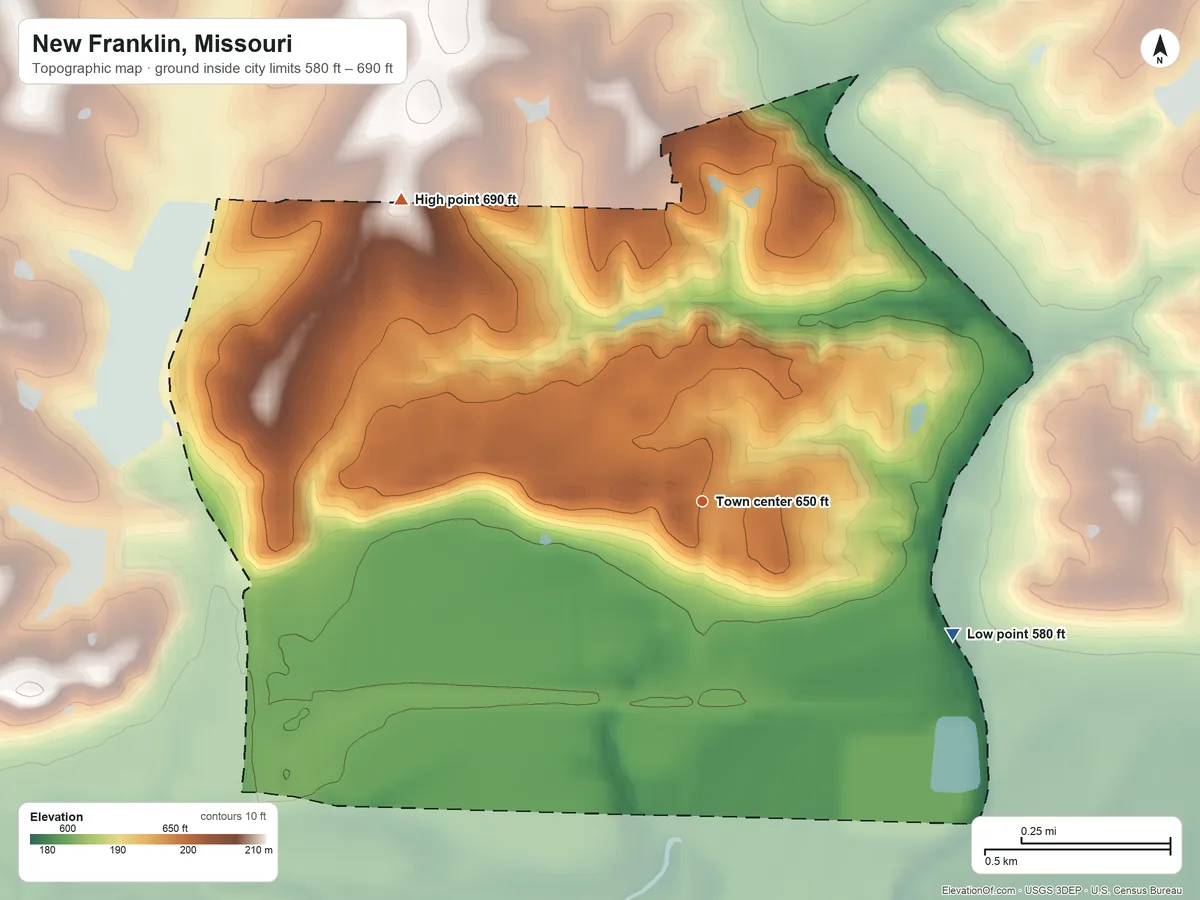 Topographic elevation map of New Franklin, Missouri, shaded from 580 ft on the southeast side to 690 ft on the northwest side