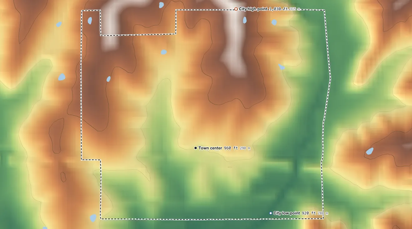Topographic elevation map of New Hampton, Missouri, shaded from 920 ft on the southeast side to 1,030 ft on the north side