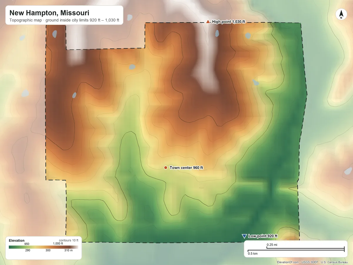 Topographic elevation map of New Hampton, Missouri, shaded from 920 ft on the southeast side to 1,030 ft on the north side