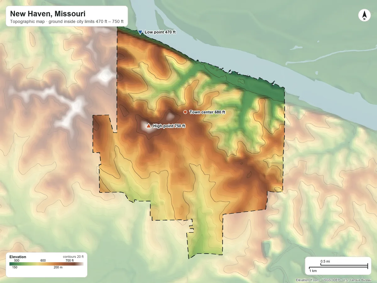 Topographic elevation map of New Haven, Missouri, shaded from 470 ft on the northwest side to 750 ft on the west side