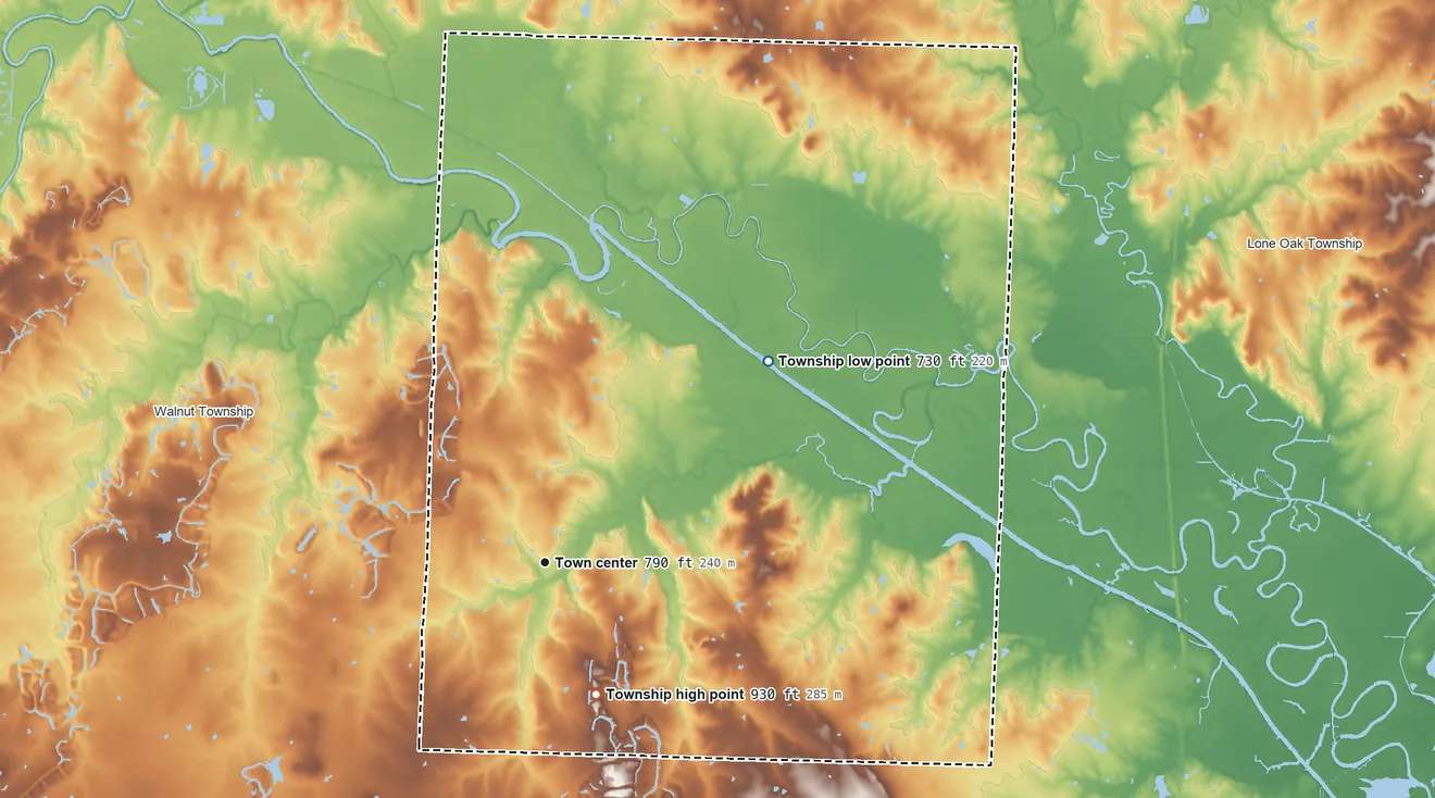 Topographic elevation map of New Home Township, Missouri, shaded from 730 ft on the northeast side to 930 ft on the south side