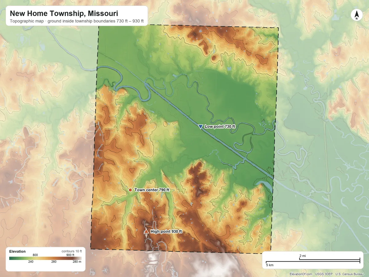 Topographic elevation map of New Home Township, Missouri, shaded from 730 ft on the northeast side to 930 ft on the south side