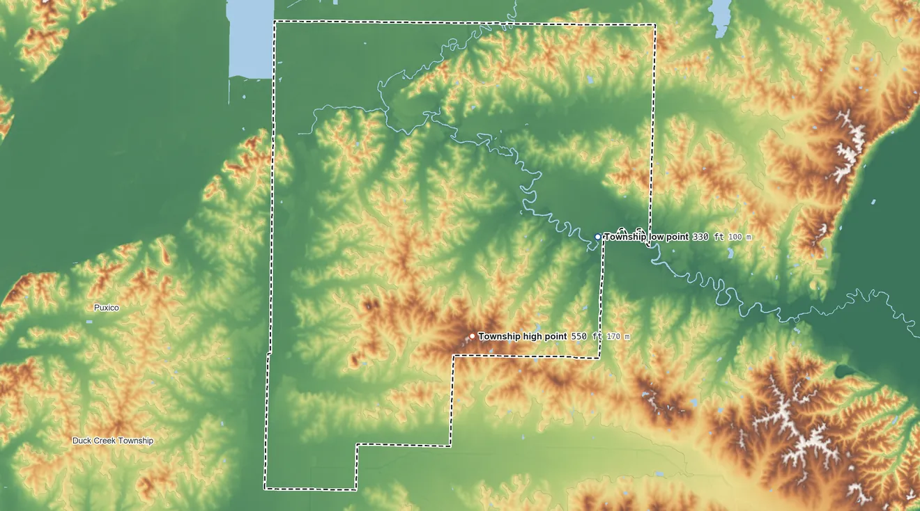Topographic elevation map of New Lisbon Township, Missouri, shaded from 330 ft on the east side to 550 ft on the south side