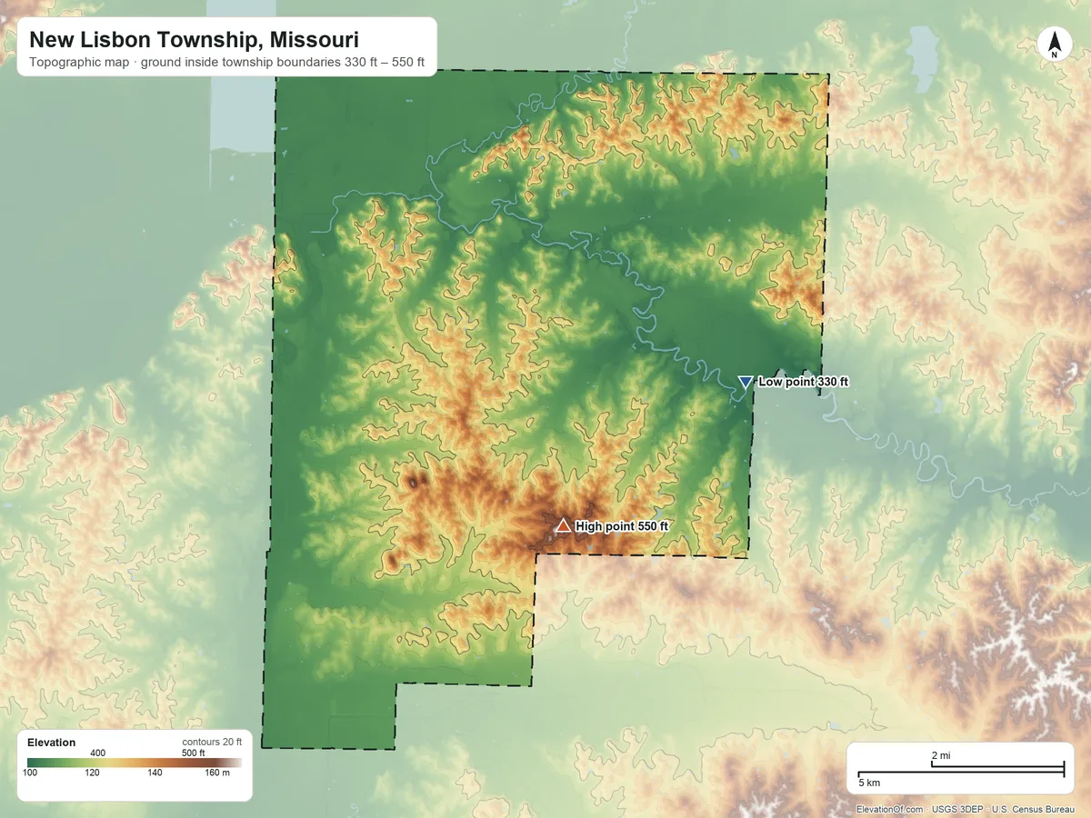 Topographic elevation map of New Lisbon Township, Missouri, shaded from 330 ft on the east side to 550 ft on the south side