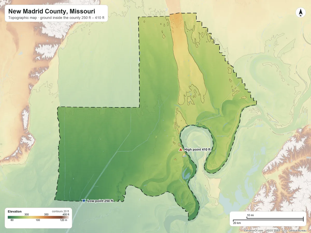 Topographic elevation map of New Madrid County, Missouri, shaded from 250 ft on the southwest side to 410 ft on the southeast side