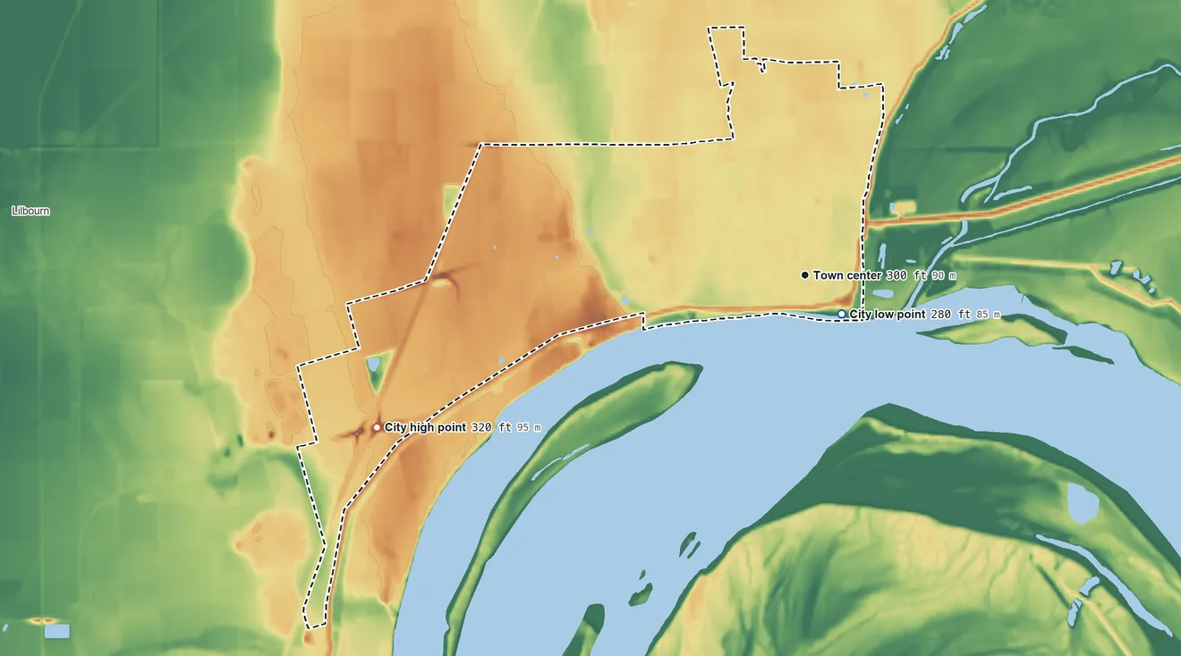 Topographic elevation map of New Madrid, Missouri, shaded from 280 ft near the middle to 320 ft on the west side