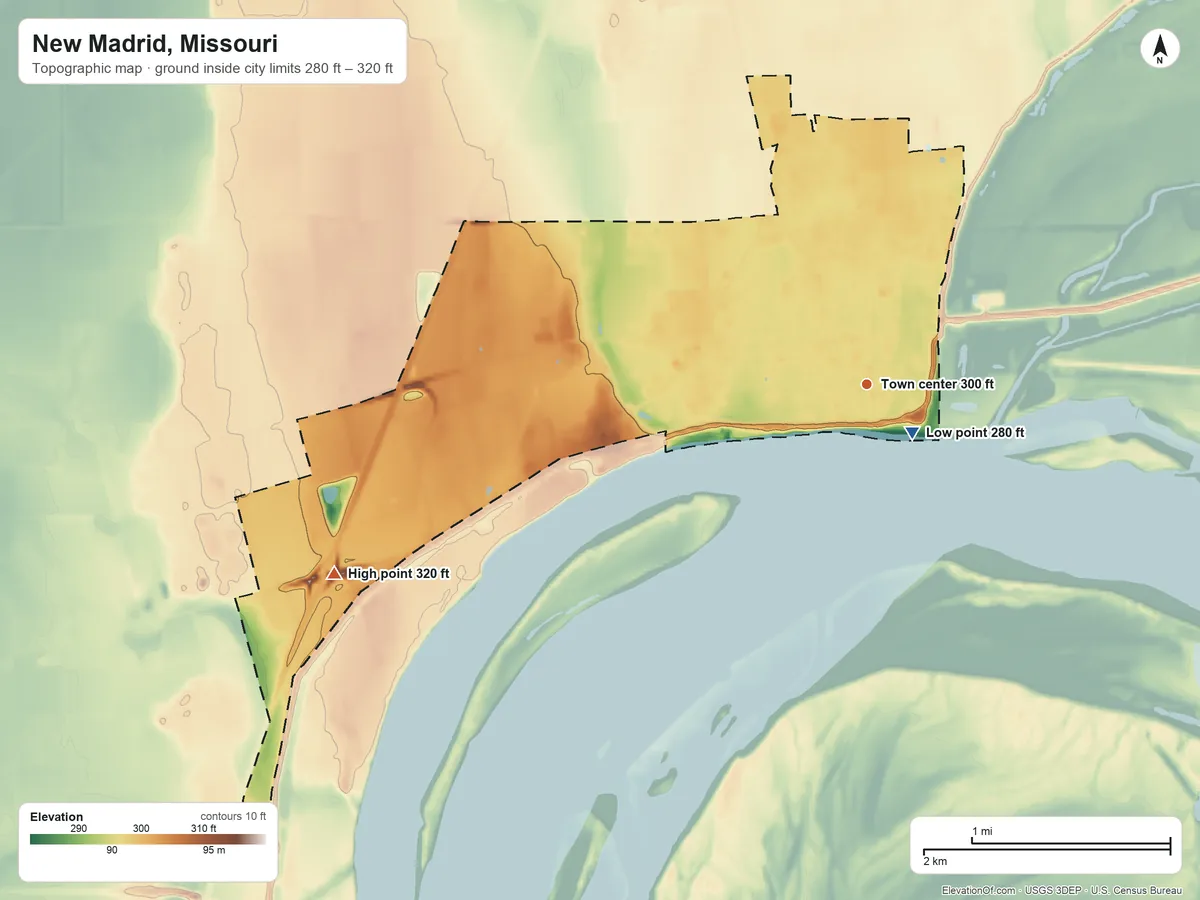 Topographic elevation map of New Madrid, Missouri, shaded from 280 ft near the middle to 320 ft on the west side