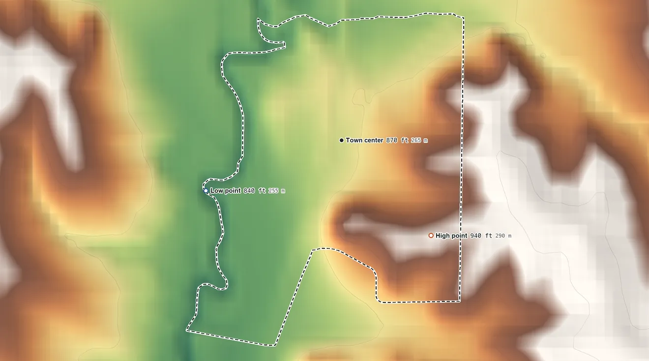 Topographic elevation map of New Market, Missouri, shaded from 840 ft on the west side to 940 ft on the southeast side