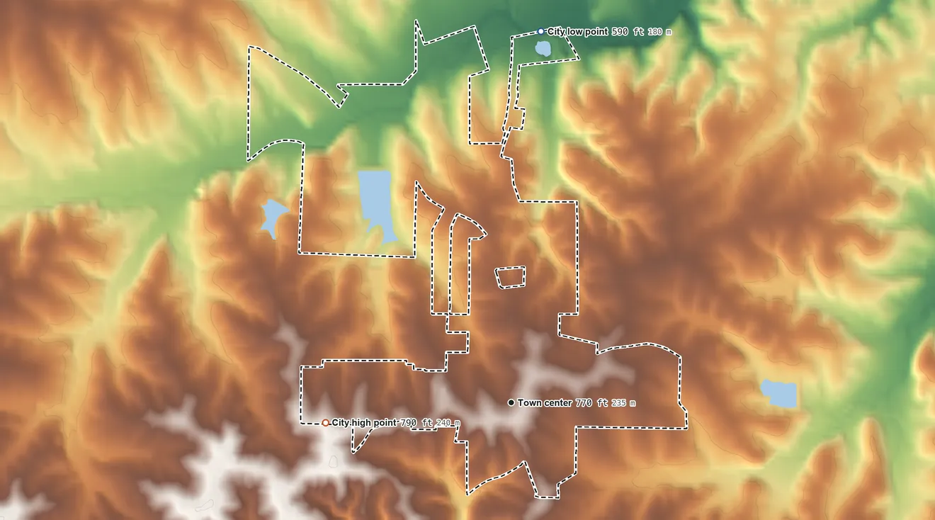 Topographic elevation map of New Melle, Missouri, shaded from 590 ft on the north side to 790 ft on the west side