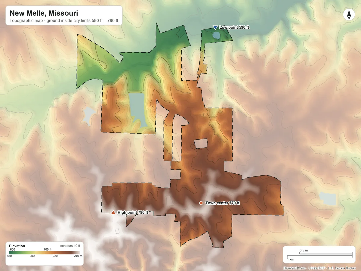 Topographic elevation map of New Melle, Missouri, shaded from 590 ft on the north side to 790 ft on the west side