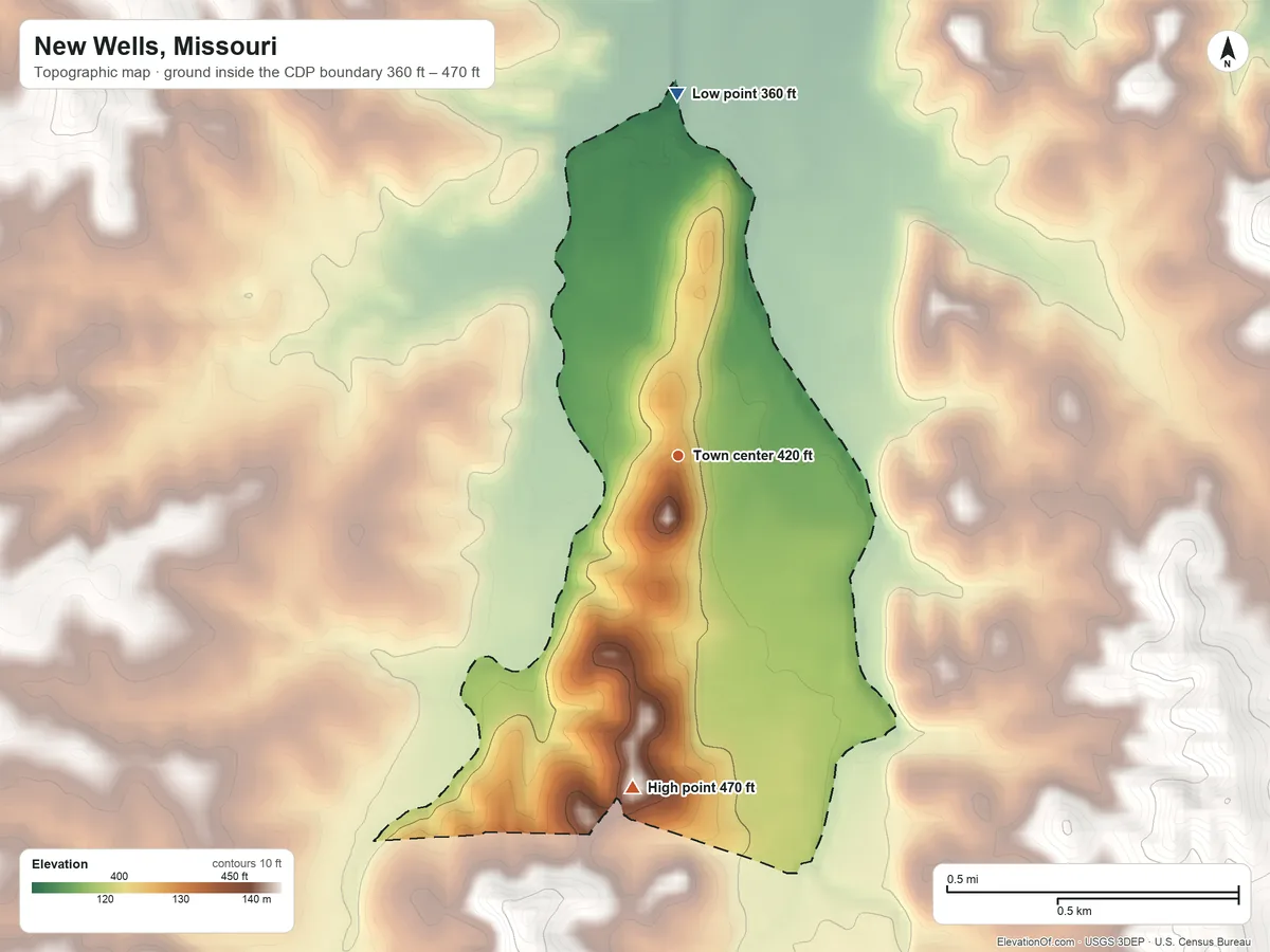 Topographic elevation map of New Wells, Missouri, shaded from 360 ft on the north side to 470 ft on the south side