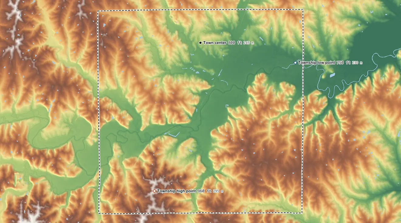 Topographic elevation map of New York Township, Missouri, shaded from 750 ft on the east side to 960 ft on the south side