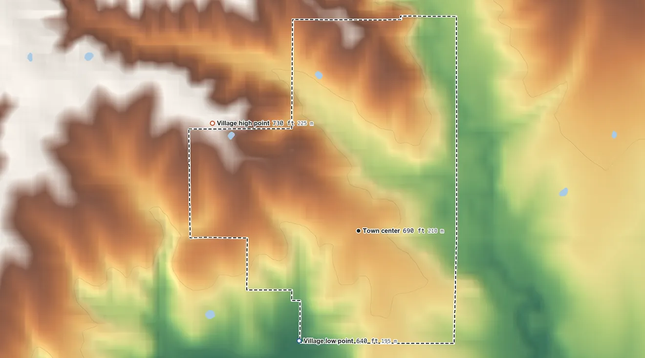 Topographic elevation map of Newark, Missouri, shaded from 640 ft on the southwest side to 730 ft on the northwest side