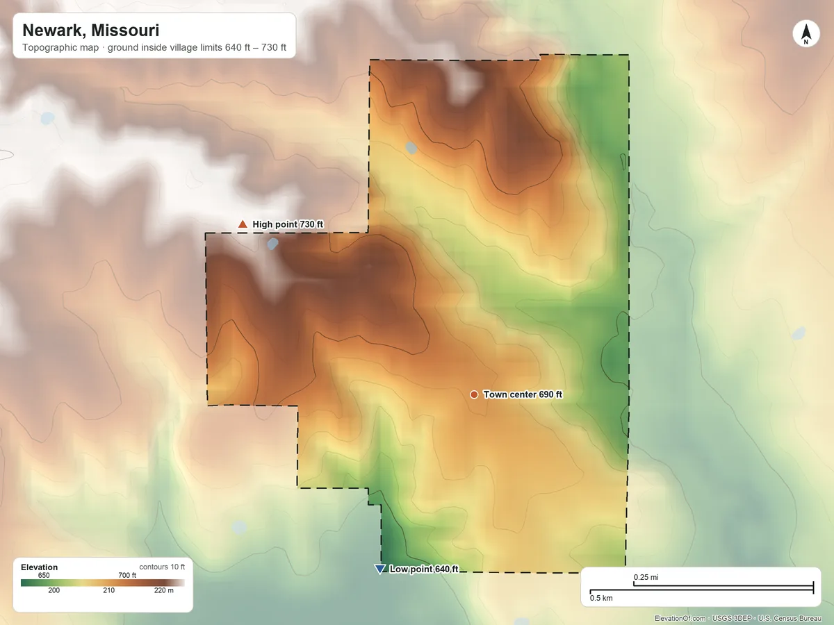 Topographic elevation map of Newark, Missouri, shaded from 640 ft on the southwest side to 730 ft on the northwest side