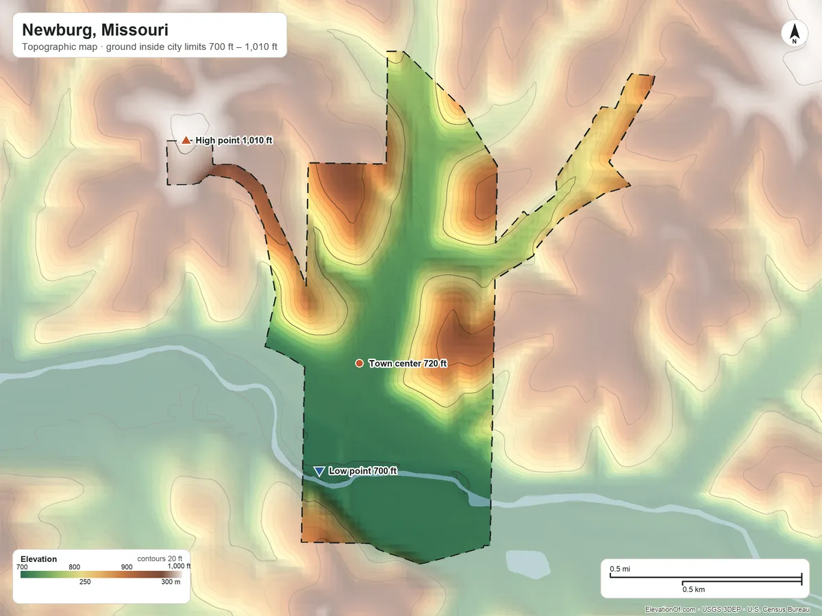Topographic elevation map of Newburg, Missouri, shaded from 700 ft on the south side to 1,010 ft on the northwest side