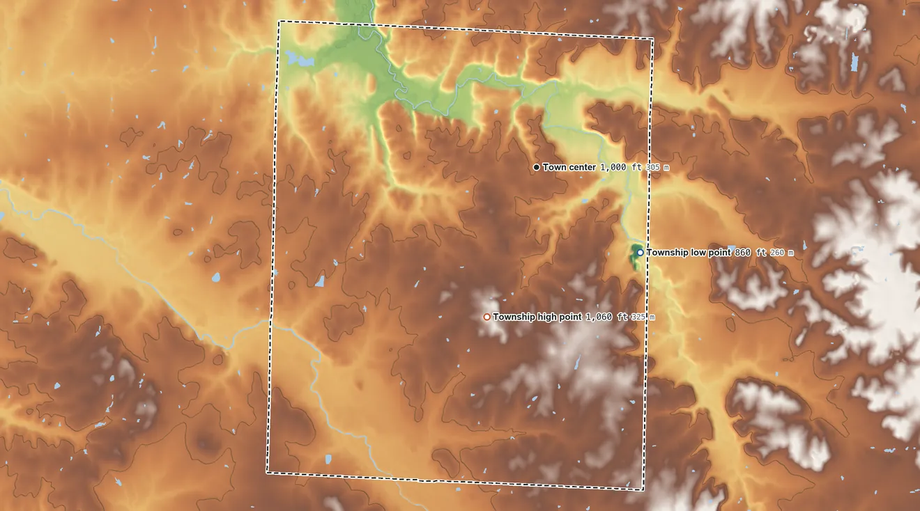 Topographic elevation map of Newport Township, Missouri, shaded from 860 ft on the southeast side to 1,060 ft on the south side