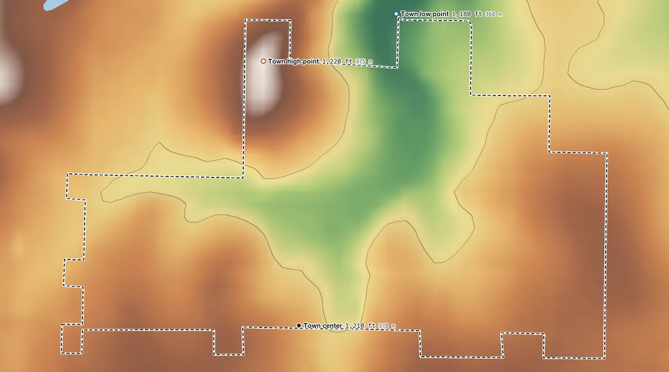 Topographic elevation map of Newtonia, Missouri, shaded from 1,180 ft on the north side to 1,220 ft on the north side
