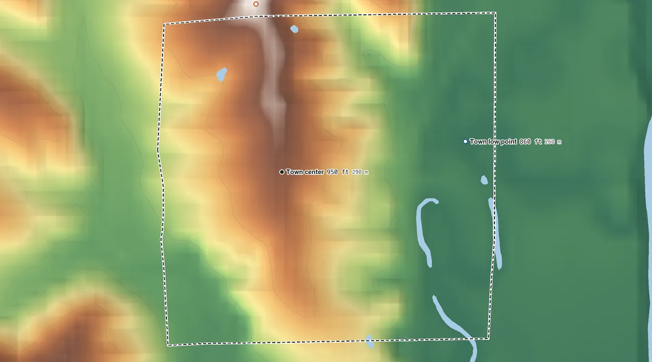 Topographic elevation map of Newtown, Missouri, shaded from 860 ft on the east side to 970 ft on the north side