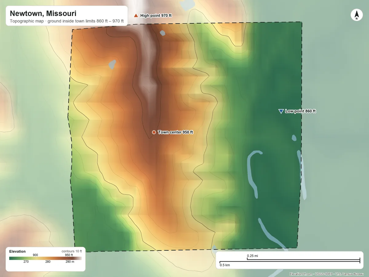Topographic elevation map of Newtown, Missouri, shaded from 860 ft on the east side to 970 ft on the north side